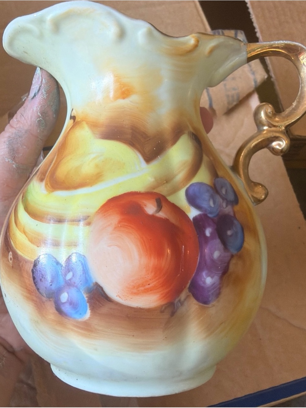 Hand-Painted Fruit Porcelain Pitcher in Cream and Gold